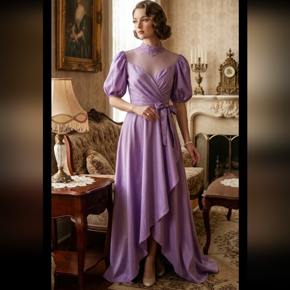 Vintage Victorian  Regency Style puff  sleeve  purple evening dress New